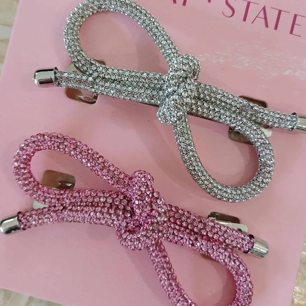 NWT Sunday State Pink and Silver Rhinestone Bow Alligator Hair Clip
